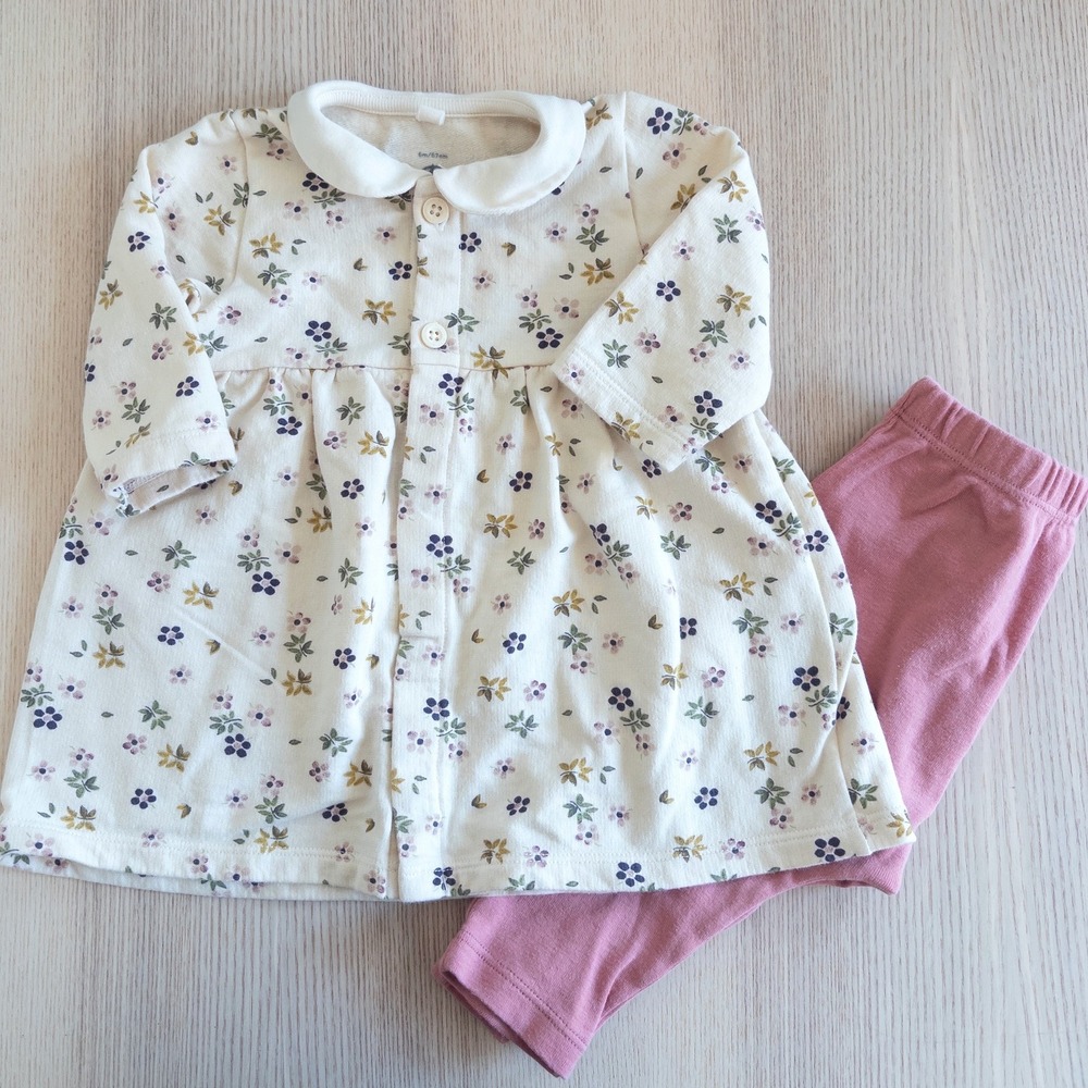 Petit Bateau Dress Leggings Set Pink Floral Peter Pan Collar Baby Girl 6 Months